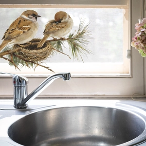Self-adhesive wall sticker featuring realistic sparrows and a bird nest on pine branches