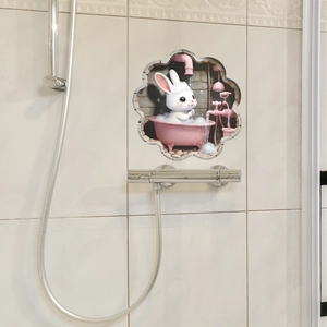 3D cartoon rabbit taking a bath wall sticker for bathroom home decor on tile walls