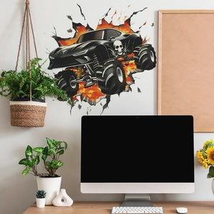 3D wall sticker featuring a black monster truck with flames and skull on a broken wall