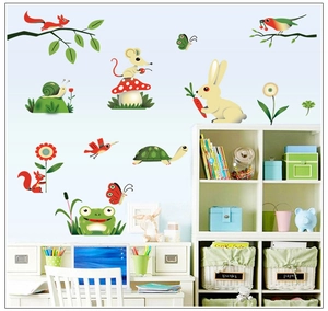 Cartoon animal wall stickers with turtles, rabbits, and mushrooms for nursery room decor