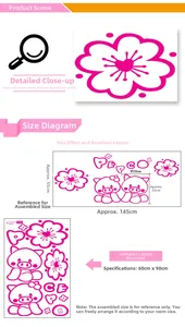 Detailed view of pink cartoon pig and cherry blossom wall stickers with size dimensions