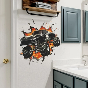 3D monster truck wall sticker with skull and fire crashing through broken white wall