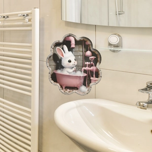 Creative 3D wall sticker featuring a cute bunny bathing in a pink tub for bathroom decor