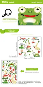 Detail view of cartoon animal wall stickers with dimensions and application layout