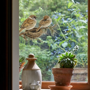 Realistic sparrow nest on pine branch window wall sticker for home decoration