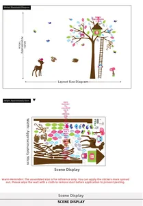 Detail of forest animal wall stickers set showing 110x145cm layout size and dimensions