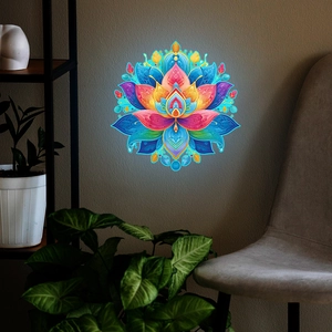 Dettaglio dell'adesivo murale mandala loto luminoso colorato su parete grigia materica