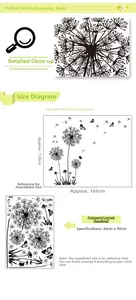 Detail of DF5125 black dandelion wall decal with 130x165cm layout dimensions and parts