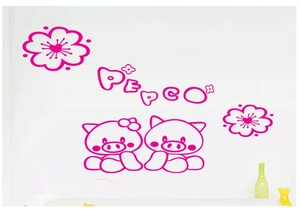 Pink cartoon pig wall decals for children rooms with floral accents and Pepco lettering
