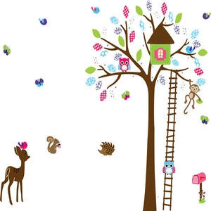 Cartoon forest treehouse wall sticker set with deer, monkeys and squirrels for nursery decor