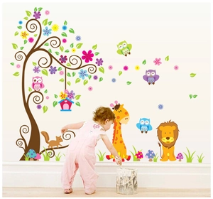 Cartoon animal wall stickers featuring a tall tree, giraffe, and lion for nursery decor