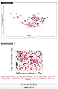 Detail view of pink peach blossom and butterfly wall stickers with size dimensions