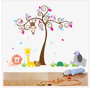 Cartoon forest animals wall stickers showing monkey, giraffe, and elephant on white wall