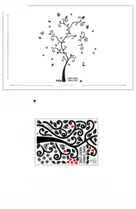 Macro layout of black tree silhouette wall decal with red heart leaves and dimensions