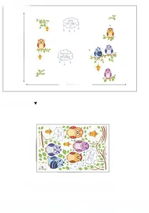 Detailed size specifications for cartoon owl wall decal layout measuring 140x170cm
