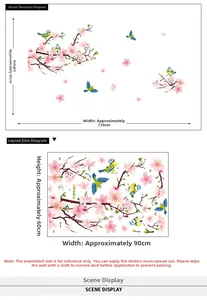 Détail de l'autocollant mural fleurs de pêcher et oiseaux dimensions 170x85cm et 90x60cm