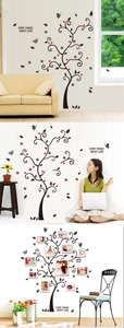 Modern black family photo frame tree wall decal with red hearts and butterflies
