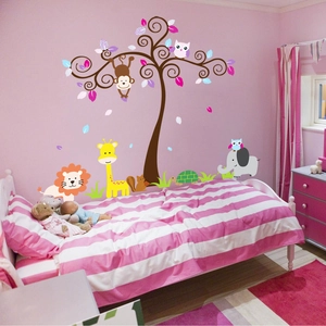 Cartoon Forest Animals Tree Wall Stickers Large Safari Jungle Wall Decals For Kids Nursery Playroom Bedroom Removable Waterproof PVC Decor