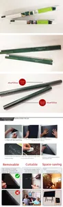 Instructional collage of self-adhesive blackboard sticker with size and installation guide