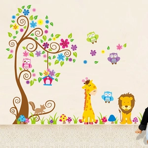 Cartoon forest animals wall decal with giraffe lion and owls for kids room decoration