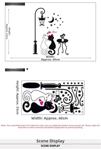 Size guide for cartoon black cat wall decal showing 65x60cm finished layout dimensions