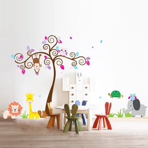 Cartoon animal wall stickers set with tree and colorful monkeys owls for kids room