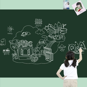 Self-adhesive green chalkboard wall sticker with educational doodle patterns for children