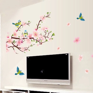 Stickers muraux fleurs roses et oiseaux colorés en PVC auto-adhésif pour salon moderne