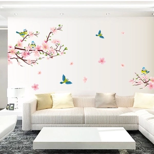 Stickers muraux en PVC autocollants avec fleurs de pêcher et oiseaux pour la maison