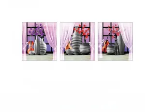 Detailed dimensions of 3-piece floral wall art set with purple flowers and violin