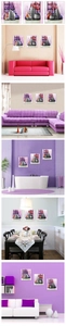 Three-piece purple floral vase wall art set displayed in modern living room and bedroom