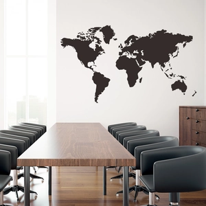 Minimalist matte black world map wall sticker for modern office and living room decor