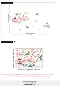 Macro layout showing pink cherry blossom wall decal dimensions and bird sticker arrangement