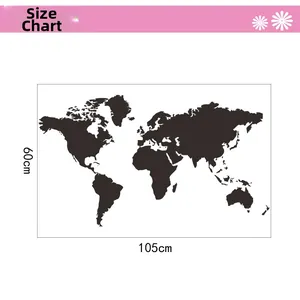 Detailed world map wall sticker dimensions chart showing 105cm length and 60cm width size