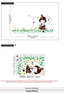 Detail showing cartoon girl wall sticker layout and finished size of 55x120cm for kids room