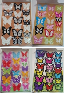 Detailed grid view of 3D butterfly wall stickers in black, transparent, and colorful styles