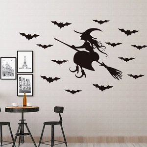 Halloween wall decals featuring a black witch silhouette on broomstick and 14 bats for room decor