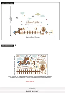 Cartoon animal club wall stickers with pony fence layout and size dimensions guide