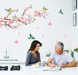 Peach Blossom Bird Wall Stickers Removable PVC Floral Wall Decals For Living Room Bedroom Classroom Home Decor