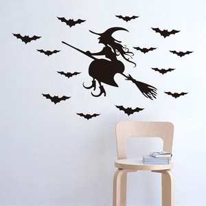Halloween wall sticker set featuring black witch silhouette and 13 flying bats for home decor