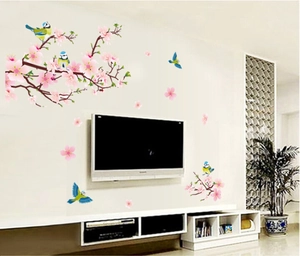 Pink peach blossom and flying birds removable wall sticker for home living room decor