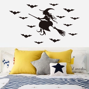Halloween wall sticker set featuring black silhouette of a witch on broom and flying bats