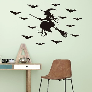 Halloween wall sticker set featuring a black witch silhouette and flying bats
