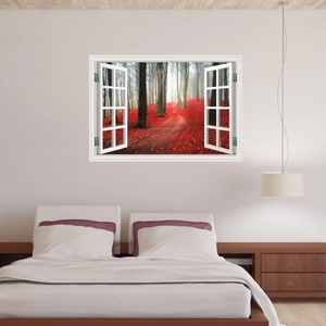 Creative 3D window wall decal with autumn red forest landscape for home decor