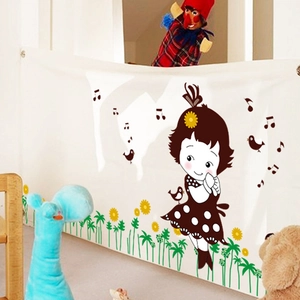 Cartoon girl wall sticker with sunflowers and music notes for kid room decor