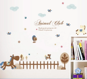 Cartoon horse and animal wall decals with trees and birds for nursery room decoration