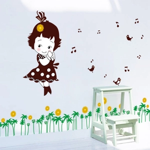 Cartoon girl wall decal with sunflowers and birds for kids bedroom decoration