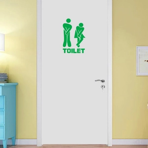 Vibrant green TOILET wall sticker with funny male and female icons on white door