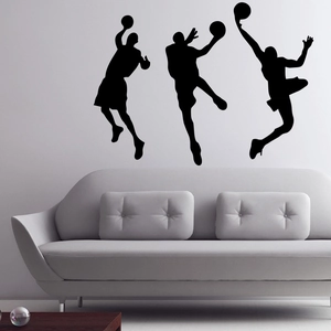 Three-piece black vinyl silhouette wall stickers of basketball players dunking and jumping