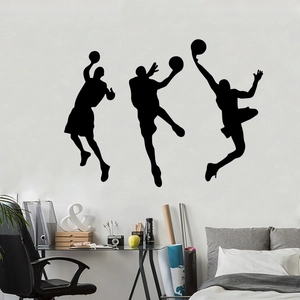 Three-piece black silhouette wall stickers featuring basketball players dunking for home decor